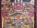 
The Tibetan Wheel of Life is perhaps the most common of all pictures in Buddhist art and is seen on the walls of monasteries and painted scrolls all over Tibet, Nepal and other Himalayan countries. The 23 parts of the painting represent in visual terms some of the more fundamental teachings in Buddhism such as the 12 steps of dependent origination, the karmic laws of cause and effect, and the three kleshas of ignorance, greed and hatred.
